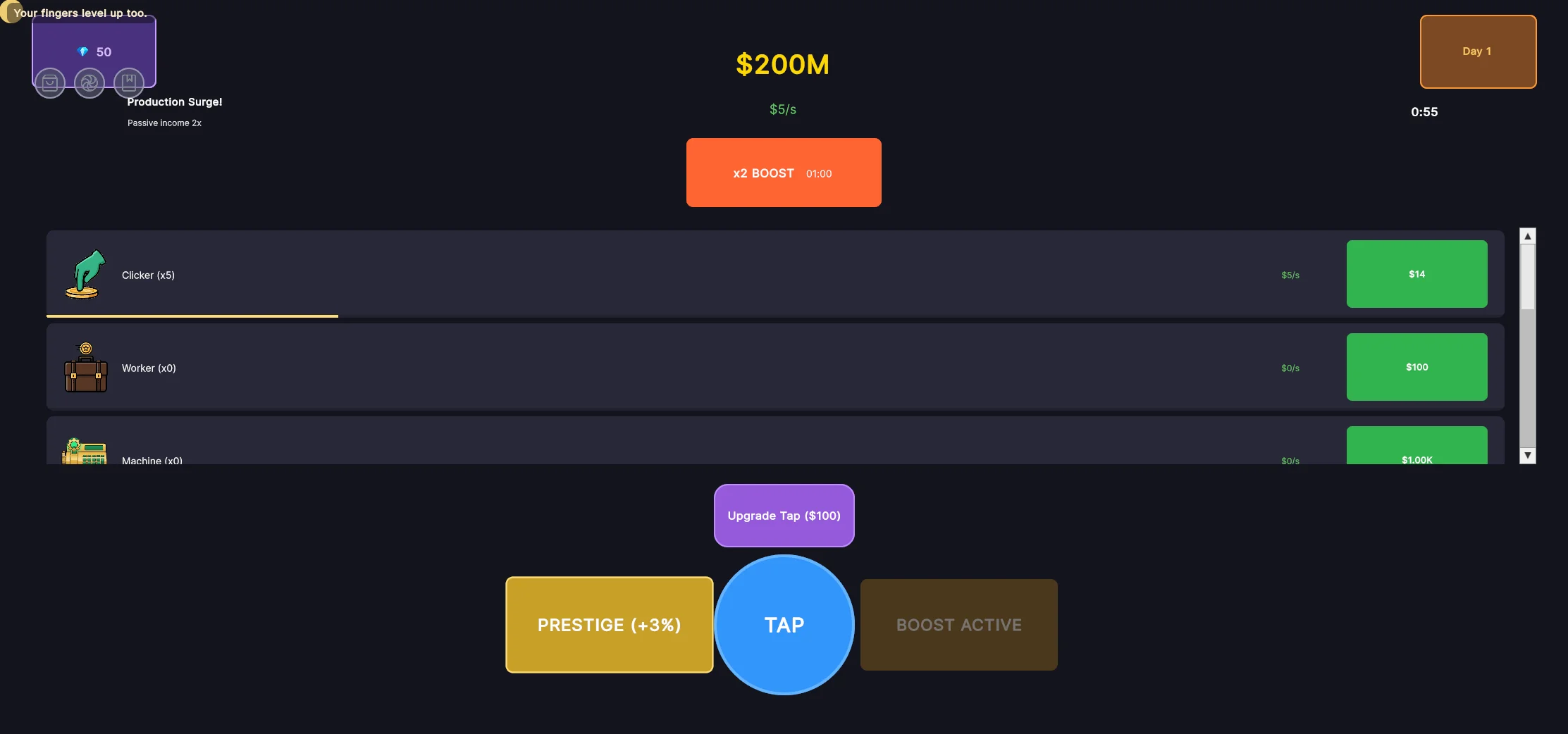 Market Pulse main tap screen with Production Surge boost active