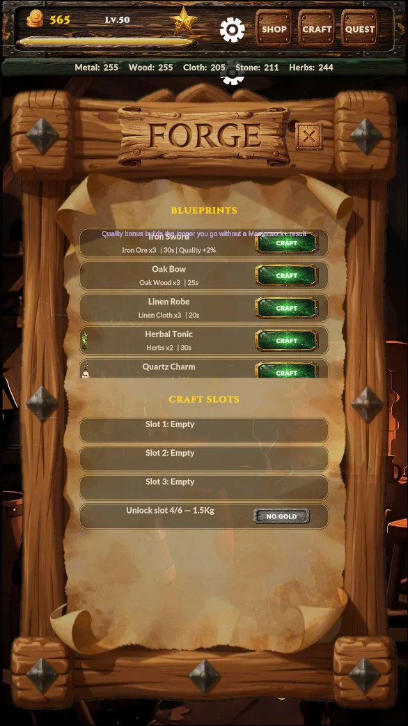 Wares & Heroes crafting panel